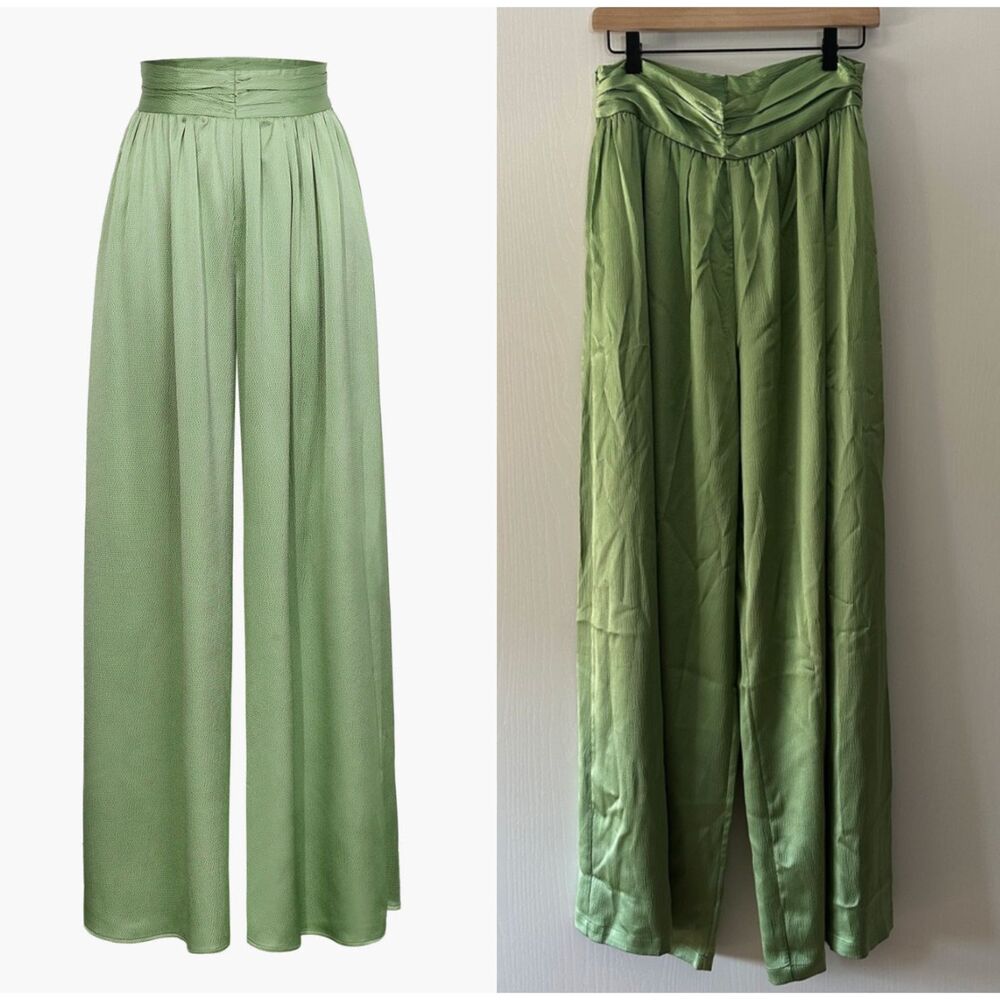 Micas‎ Basic Heavy Satin High Waisted Wide Leg Pants Sage Green NWT Size Large